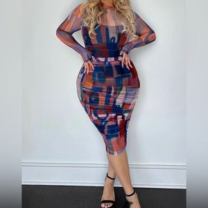 Fashion Nova Multi-Color Mesh Ruched Midi Dress Size L